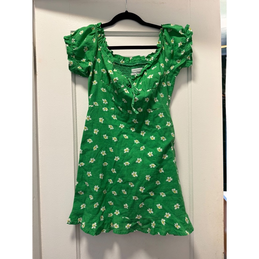 Urban Outfitters Green Daisy Floral Puff Sleeve‎ Mini Dress Smocked Back Medium